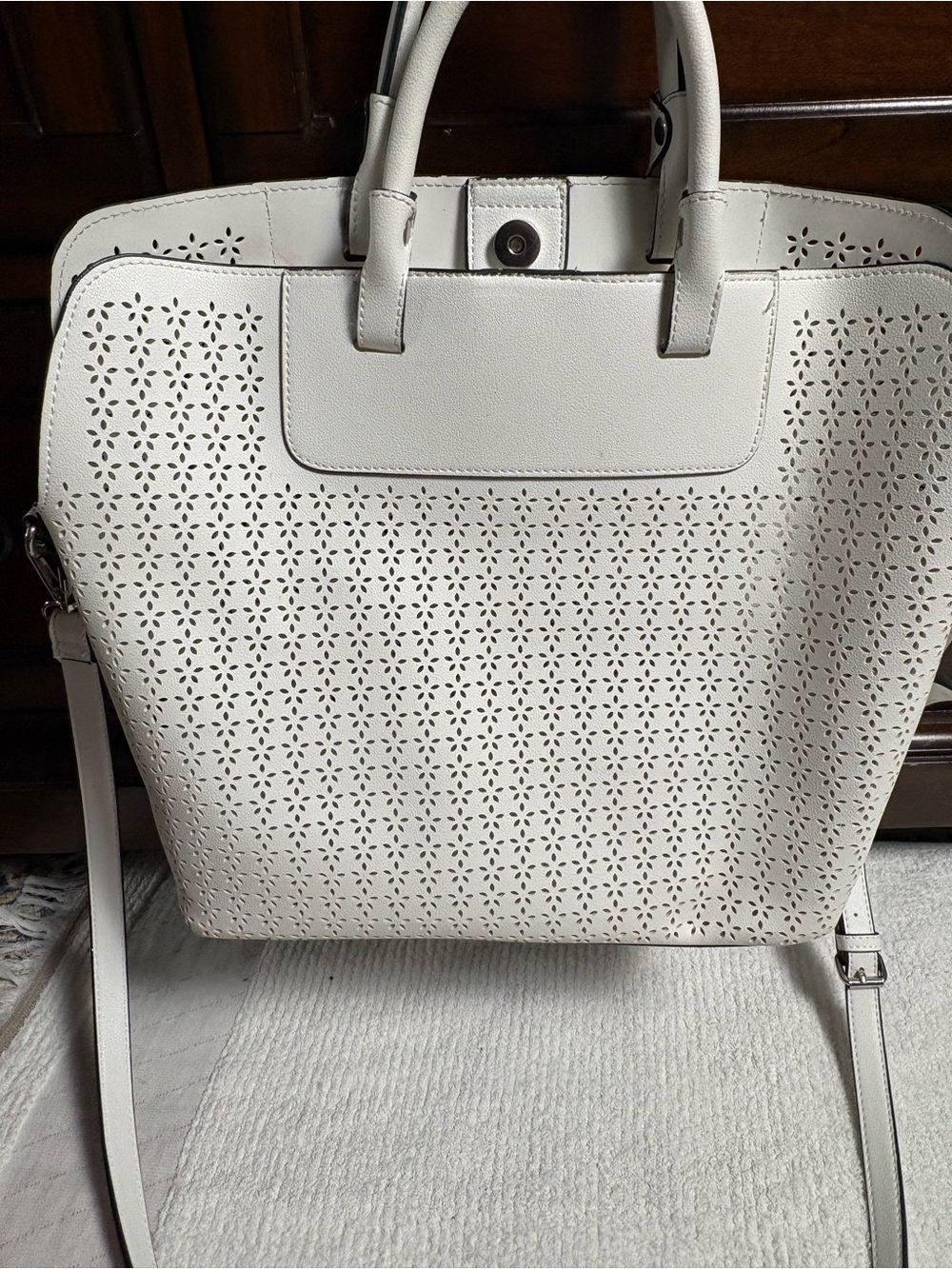 Ann Taylor White Laser-Cut Leather Tote with Top Handles